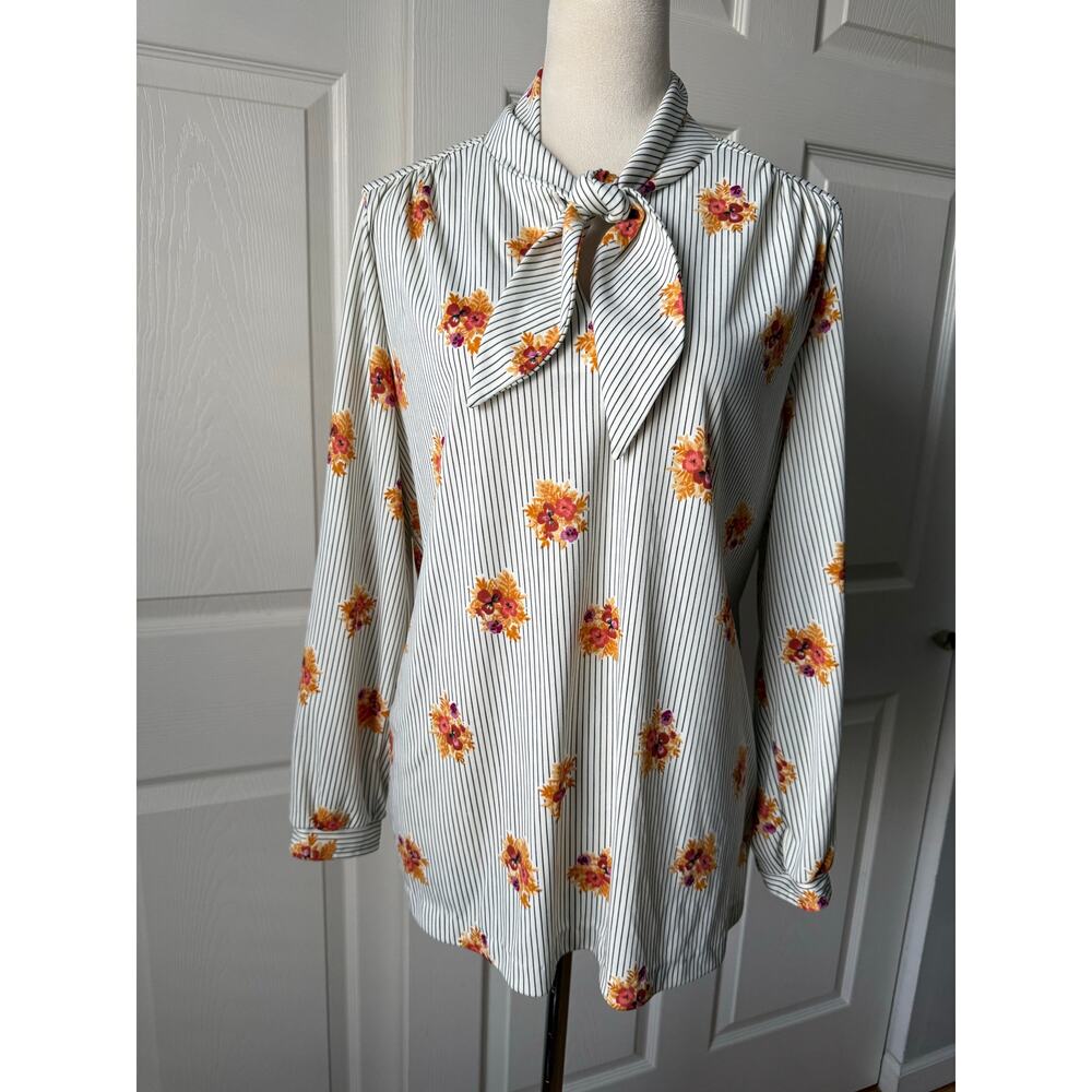 Vintage Fire‎ Islander Woman Floral Stripe Tie Neck Blouse Size 40 Statement Bow